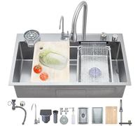 Gun Gray Stainless Steel Kitchen Sink 68x45cm - Modern Single Bowl with Pull-out Spray Faucet & Cup Washer Multifunctional Accessory Set for Effortless Cleaning