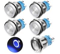 GUNGY Interruptor de Botón 19mm Pulsador 12V-24V 3A Impermeable Interruptores Autoblocante Pulsador de Latón Cromado con Anillo de Luz LED Azul 5 Piezas