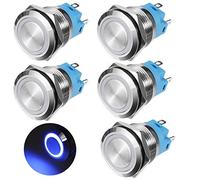 GUNGY Interruptor de Botón 19mm Pulsador 12V-24V 3A Pulsadors Momentáneo Impermeable Interruptores Pulsador de Latón Cromado con Anillo de Luz LED Azul 5 Piezas