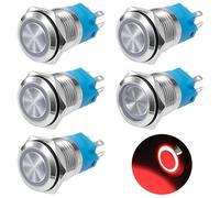GUNGY Interruptor de Botón 19mm Pulsadore 12V/24V 3A Pulsador Autoblocante Impermeable Interruptores Pulsador de Latón Cromado con Anillo de Luz LED Rojo 5 Piezas