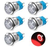 GUNGY Interruptor de Botón 19mm Pulsadore 12V/24V 3A Pulsador Momentáneo Impermeable Interruptores Pulsador de Latón Cromado con Anillo de Luz LED Rojo 5 Piezas