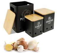 Guniata 3 cajas de almacenamiento apilables para patatas, cebollas, patatas, ajos, en 3 tamaños, para cebollas con tapa, mantiene las verduras frescas durante más tiempo (negro)
