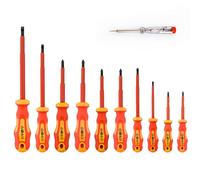 Gunpla Juego de 11 destornilladores aislados VDE, 1000 V con punta negra magnética, mango TPR para electricista de agarre suave ranurado Phillips y herramientas Pozi con probador de seguridad para