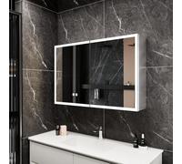 Gunuss Armario con Espejo para baño con iluminación, 80 x 60 cm, Espejo de baño LED con Estante, Enchufe, antivaho, Interruptor táctil, Montaje en Pared para baño Moderno