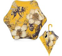 GuoChe Bee & Flower Yellow Art - Paraguas para niños pequeños y niños | Paraguas para lluvia con tira reflectante con cierre a prueba de pellizcos y mango de gancho de fácil agarre para niñas y