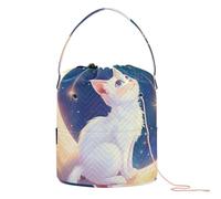 GuoChe Bolsa de ganchillo con diseño de gato blanco en luna creciente, bolsa de almacenamiento portátil para accesorios de hilo de ganchillo