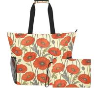 GuoChe Bolsa de playa impermeable, ligera y con estampado suave para ir de | Flores de amapola roja sobre fondo crema