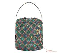 GuoChe Bolsa de viaje de ganchillo con adorno de campana de cuadros verdes de Navidad, bolsa de viaje portátil para bolas de hilo, accesorios de ganchillo