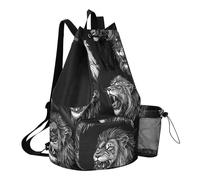 GuoChe Bolsas con cordón para alberca con bolsillos interiores, mochila de cuerda, separación seca y húmeda, Chic Lions Negro, One Size, Mochilas escolares para niños