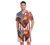 GuoChe Camisas de pijama para hombre, camisa de dormir de manga corta, gallo blanco y negro, bandera de Estados Unidos, amante de las gallinas, Gallo negro y blanco bandera de Estados Unidos amante de