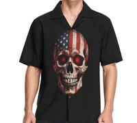 GuoChe Camisas hawaianas de manga corta con botones para hombre, a la moda, urbanas, talla S, Calavera patriótica negra con bandera de Estados Unidos, Large