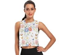 GuoChe Camiseta corta sin mangas para mujer, de secado rápido, para ejercicio, yoga, talla S, Flores de primavera, mariposas, color blanco, M