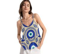 GuoChe Camiseta sin mangas de gasa con estampado de mal de ojo azul y dorado para mujer, cuello en V profundo, camisola de moda para fiesta, Patrón de mal de ojo azul dorado, XS