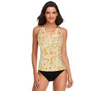 GuoChe Camiseta tankini para mujer, de secado rápido, control de abdomen, talla XS, Flores amarillas que brotan, XL