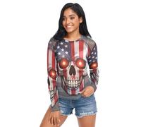 GuoChe Camiseta transparente para mujer, diseño patriótico de la bandera de Estados Unidos, calavera con ojos brillantes, One Nation, malla con cuello redondo, talla S, Bandera patriótica de Estados