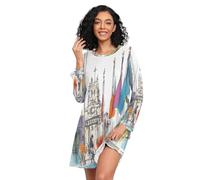 GuoChe Camisón estampado para dormir, pijama de manga larga, suave, vestido de casa para niñas y mujeres, suelto, Medio mástil y arquitectura urbana, XXL