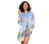 GuoChe Camisón para uso diario, pijama de manga larga, vestido casual para dormir para niñas y mujeres, cómodo, Bandera del Capitolio - Escena de vuelo, Large