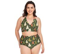 GuoChe Conjunto de bikini para mujer, talla grande, con doble tirantes, control de abdomen, 2 piezas, talla L, Ilustración del patrón del árbol de Navidad, XL Más