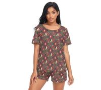 GuoChe Conjunto de descanso de 2 piezas para mujer, camiseta de algodón de manga corta y pantalones cortos con bolsillos, talla S, Coronas y velas doradas a cuadros rojos de Navidad, M