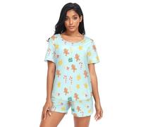 GuoChe Conjunto de descanso de dos piezas para mujer, lencería de verano de manga corta con bolsillos, talla S, Patrón navideño de pan de jengibre y caramelo, Large