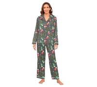 GuoChe Conjunto de pijama cómodo de manga larga para mujer, 2 piezas, talla S, Manoplas de Navidad, color gris oscuro, rojo y verde, M