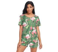 GuoChe Conjunto de pijama de 2 piezas para mujer, lencería de algodón de manga corta con bolsillos, talla S, Patrón navideño con rubor flamenco oliva_3 (1), XL