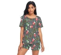 GuoChe Conjunto de pijama de 2 piezas para mujer, ropa de dormir suave de manga corta con bolsillos, talla S, Manoplas de Navidad, color gris oscuro, rojo y verde, Large