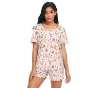 GuoChe Conjunto de pijama de dos piezas para mujer, camiseta suave de manga corta y pantalones cortos con bolsillos, talla S, Patrón de Navidad con flamenco rubor, XL