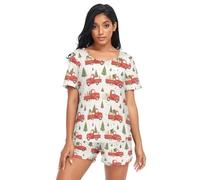 GuoChe Conjunto de pijama de dos piezas para mujer, lencería casual de manga corta con bolsillos, talla S, Merry Christmas Red Truck, M