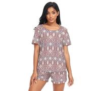 GuoChe Conjunto de pijama de dos piezas para mujer, ropa de dormir suave de manga corta con bolsillos, talla S, Diseño de punto bohemio de Navidad, motivos abstractos, S