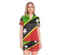 GuoChe - Conjunto de pijama de satén de seda para mujer con bolsillos, 2 piezas, ropa de descanso de verano, talla S, Bandera Nacional de San Cristóbal y Nieves, S