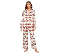 GuoChe Conjunto de pijama de seda satinada para mujer, clásico con botones, ropa de dormir de gran tamaño, 2 piezas, talla S, Merry Christmas Red Truck, XL