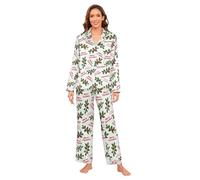 GuoChe Conjunto de pijama sedoso de manga larga suave para mujer, 2 piezas, talla S, Feliz Navidad verde acebo, Large