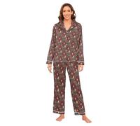 GuoChe Conjunto de pijama sedoso para mujer, cómodo, de gran tamaño, ropa de dormir de 2 piezas, talla S, Coronas y velas doradas a cuadros rojos de Navidad, M