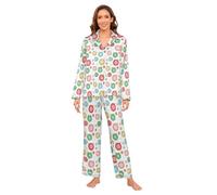GuoChe Conjunto de pijama sedoso para mujer, ropa de dormir informal de manga larga, 2 piezas, talla S, Bola de Navidad blanca colorida con copos de nieve, XXL
