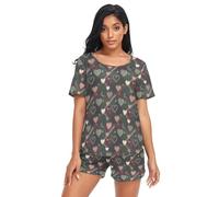 GuoChe Conjunto de ropa de dormir de dos piezas para mujer, lencería de manga corta de algodón con bolsillos, talla S, Corazones de Navidad a cuadros y estrellas acebo, S