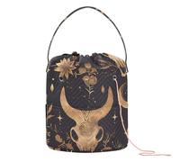 GuoChe Ethereal Boho Patrón sin costuras con calavera de toro de oro rosa y formas de arte de línea, bolsa de hilo de ganchillo para ganchillo con agujeros, bolsa de almacenamiento para accesorios de