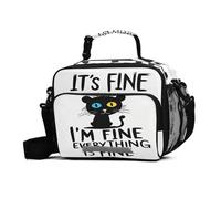 GuoChe Lonchera con texto en inglés "It's Fine Black Cat Meme" con cita divertida, impermeable, a prueba de fugas, con correa ajustable para el hombro, bolsa de mano aislada para el trabajo, viajes