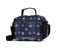 GuoChe Lonchera de Navidad con punto de cruz, copos de nieve y regalos en azul marino, impermeable, a prueba de fugas, con correa ajustable para el hombro, contenedor de almuerzo aislado para el