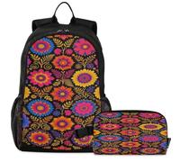 GuoChe Mochila escolar con bolsa de almuerzo para niños, mochila para laptop | Arte popular mexicano floral sin costuras, vibrante flor multicolor