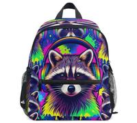 GuoChe Mochila para niños pequeños, niñas, niños, mochila escolar S, Auriculares Neon Dj Raccoon con arcoíris, Medium, Mochila de día