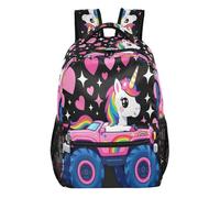 GuoChe Mochila resistente y duradera para niños, gimnasio, con bonito patrón de cabeza de unicornios, Divertidos y lindos unicornios montando un camión de monstruos rosa, M