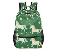 GuoChe Mochila resistente y duradera para niños, gimnasio, con bonito patrón de cabeza de unicornios, Magical Unicorns Floral Verde Oscuro Bosques Estrellas, M