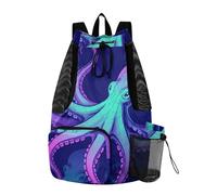 GuoChe Mochilas con cordón, bolsa de gimnasio con bolsillos, separación húmeda y seca, patrón de octopodos, verde, rosa, azul, vida marina