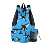 GuoChe Mochilas con cordón y soporte para botella de agua, separación húmeda y seca, orca, ballena, océano, cielo azul