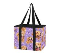 GuoChe Organizador de maletero de automóvil, bolsa reutilizable para compras, perros Golden Retriever, color morado, bonitas bolsas impermeables con parte inferior dura y asas para organizador de