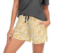 GuoChe Pantalones cortos de pijama para mujer con bolsillos, cintura alta, elásticos, para entrenamiento, dormir, talla S, Flores amarillas que brotan, Large