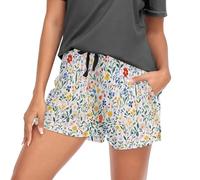GuoChe Pantalones cortos de pijama para mujer, con bolsillos, cintura elástica, cómodos, para entrenamiento, descanso, talla S, Flores silvestres de primavera blancas, XXL
