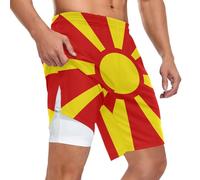 GuoChe Pantalones cortos deportivos 2 en 1 para hombre, ajustados, transpirables, ligeros, para guardar teléfono y tarjetas, para actividades al aire libre, Bandera nacional de Macedonia del Norte