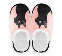 GuoChe Pantuflas de casa para mujer, forro polar coral, suela antideslizante, para spa, hotel, invitados, hogar, interior, talla M, Gato negro sobre fondo pastel, Large